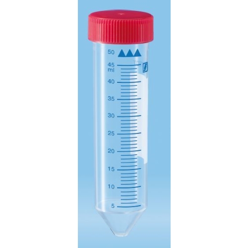 Rör konisk botten med skruvlock rött - 50ml 114x28mm PP sterilt - 25 st/förp.